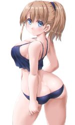 Rule 34 | 1girl, ass, blue eyes, blue panties, blush, breasts, brown hair, butt crack, cleavage, dd (ijigendd), highres, intrepid (kancolle), kantai collection, large breasts, looking at viewer, panties, ponytail, short hair, simple background, skindentation, solo, underwear, white background