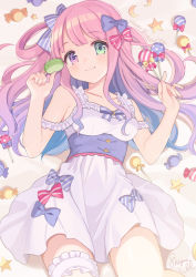 Rule 34 | 1girl, bare shoulders, blush, breasts, bridal garter, candy, clothing cutout, dress, food, green eyes, hair ornament, hair rings, heterochromia, highres, himemori luna, holding, holding food, hololive, lollipop, long hair, looking at viewer, lying, macaron, official art, on back, pink hair, purple eyes, shigure ui, shoulder cutout, small breasts, smile, solo, thighs, virtual youtuber