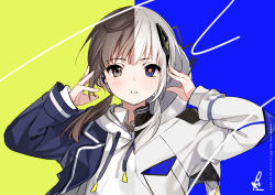Rule 34 | 1girl, absurdres, almic, black jacket, blue background, blue eyes, brown eyes, brown hair, cevio, commentary request, green background, hands up, heterochromia, highres, hood, hood down, hood up, hoodie, jacket, kafu (cevio), long hair, long sleeves, looking at viewer, low twintails, multicolored hair, open clothes, open jacket, parted lips, solo, split theme, twintails, two-tone background, two-tone hair, white hair, white hoodie