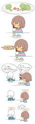 Rule 34 | 2boys, = =, androgynous, bad id, bad twitter id, blush, broccoli, brothers, brown hair, carrot, chef hat, fork, frisk (undertale), gameplay mechanics, hat, highres, hood, hoodie, korean text, misha (hoongju), multiple boys, papyrus (undertale), sans (undertale), shirt, siblings, skeleton, striped clothes, striped shirt, translation request, undertale