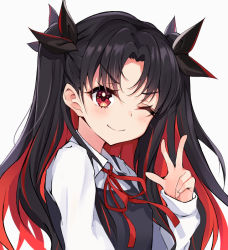 Rule 34 | 1girl, ;), black hair, black ribbon, blush, fate/grand order, fate (series), hair ribbon, ishtar (fate), long hair, long sleeves, looking at viewer, multicolored hair, one eye closed, red eyes, red neckwear, red ribbon, ribbon, sakura nnk, simple background, smile, solo, space ishtar (fate), two-tone hair, two side up, upper body, v, white background