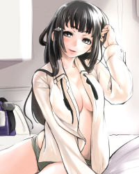 Rule 34 | 10s, 1girl, black hair, breasts, collarbone, dress shirt, female focus, grey panties, hair down, hair ornament, kantai collection, large breasts, long hair, long sleeves, myoukou (kancolle), nujima, open clothes, open mouth, open shirt, panties, shirt, sitting, smile, solo, striped clothes, striped panties, underwear, waking up, white shirt