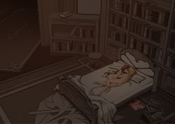Rule 34 | 1boy, 1girl, aether (genshin impact), aftersex, amber (genshin impact), bed, bed sheet, bedroom, blonde hair, blush, book, book stack, bookshelf, braid, braided ponytail, brown hair, closed eyes, completely nude, couple, dark, genshin impact, hetero, highres, indoors, kiss, lying, night, nude, on side, pillow, pink shirt, royboy, shirt, shirt aside, stool