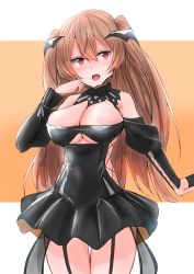 Rule 34 | 1girl, absurdres, black dress, breasts, brown eyes, cleavage, dress, fang, garter straps, highres, horns, johnston (kancolle), kamaboko senshi, kantai collection, large breasts, light brown hair, long hair, looking at viewer, official alternate costume, solo, standing, two side up