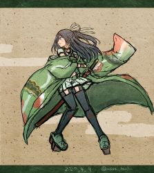 Rule 34 | 1girl, black hair, blush, boots, border, dated, full body, green skirt, hair ribbon, highres, holding, holding sword, holding weapon, japanese clothes, kantai collection, katsuragi (kancolle), long hair, long sleeves, pleated skirt, ponytail, profile, ribbon, rudder footwear, sheath, sheathed, simple background, skirt, solo, sword, thigh boots, thighhighs, twitter username, weapon, wide sleeves, wss (nicoseiga19993411)