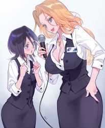 Rule 34 | 2girls, artist name, black hair, bleach, blonde hair, blue eyes, breast envy, breasts, cleavage, commentary, height difference, highres, holding, holding microphone, jewelry, kuchiki rukia, large breasts, lips, long hair, matsumoto rangiku, medium hair, microphone, mole, multiple girls, name tag, necklace, okihana, purple eyes, ring, ring necklace, uniform