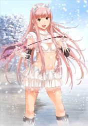 Rule 34 | 1girl, blunt bangs, bra, breasts, brown eyes, cleavage, diadem, fate/grand order, fate (series), frilled skirt, frills, gloves, holding, holding riding crop, lake, medb (fate), midriff, navel, open mouth, outdoors, pink hair, riding crop, skirt, small breasts, snow, solo, takayama kisai, tree, underwear, white bra, white gloves, white skirt