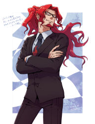 Rule 34 | 1boy, clenched teeth, commentary request, crossed arms, facial hair, formal, glasses, goatee, long hair, male focus, mega man (series), mega man battle network, mega man battle network (series), mega man battle network 6, mr. match (mega man), necktie, official alternate costume, red eyes, red hair, shigeshiro hideto, smile, suit, teeth, translation request