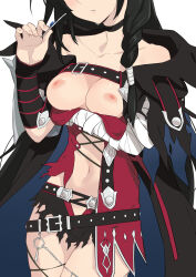Rule 34 | 1girl, arm under breasts, bandaged arm, bandages, black hair, blush, breasts, breasts out, head out of frame, highres, medium breasts, morisobo, navel, nipples, solo, sweat, sweatdrop, tales of (series), tales of berseria, velvet crowe