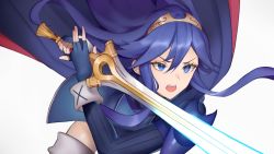 Rule 34 | 1girl, absurdres, alternate costume, armor, bad id, bad twitter id, blue eyes, blue gloves, blue hair, cape, falchion (fire emblem), fingerless gloves, fire emblem, fire emblem awakening, gloves, glowing, glowing sword, glowing weapon, hair between eyes, highres, holding, holding sword, holding weapon, long hair, lucina (fire emblem), nintendo, open mouth, ribbed sleeves, shoulder armor, solo, sword, symbol in eye, thighs, tiara, weapon, wrist cuffs, yoru (yowuyoru)