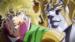 Rule 34 | 1boy, blonde hair, closed mouth, dio brando, earrings, grandguerrilla, heart, heart earrings, heaven ascended dio, high collar, jewelry, jojo no kimyou na bouken, jojo no kimyou na bouken: eyes of heaven, looking at viewer, multiple views, parted lips, projected inset, red eyes, sanpaku, smile, yellow eyes
