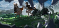 Rule 34 | 1girl, 2girls, arms behind head, barefoot, black cloak, black hair, blurry, blurry foreground, braid, cloak, cloud, cloudy sky, commentary request, dated, dress, fantasy, field, floating hair, grass, green eyes, hair ornament, hair tubes, hairclip, highres, holding, holding map, long hair, looking at another, map, mountainous horizon, multiple girls, original, scenery, short hair with long locks, short sleeves, signature, sky, standing, walking, white dress, white hair, wide shot, xilmo