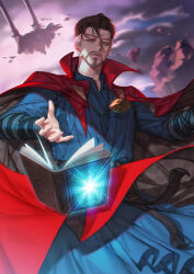 Rule 34 | 1boy, belt, black belt, black cloak, black hair, blue eyes, blue shirt, book, checkered cloak, cloak, cloud, cloudy sky, doctor strange, doctor strange in the multiverse of madness, facial hair, fingernails, grey hair, hands up, jewelry, long sleeves, looking at viewer, male focus, marvel, marvel cinematic universe, multicolored hair, necklace, open book, outdoors, pink sky, poboong123, red cloak, rock, shirt, short hair, sky, solo, standing, two-sided cloak, two-sided fabric, two-tone hair