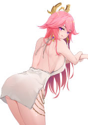Rule 34 | 1girl, absurdres, ass, back cutout, baige0, bare back, breasts, chain, clothing cutout, dress, earrings, genshin impact, hair ornament, halo, highres, jewelry, leaning forward, licking, licking lips, looking at viewer, pink hair, purple eyes, sideboob, simple background, solo, thighs, tongue, tongue out, white background, yae miko