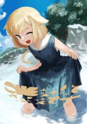 Rule 34 | 1girl, absurdres, alternate costume, blonde hair, blue dress, blue eyes, blue sky, cevio, character name, cloud, collared dress, commentary request, day, dress, fence, hair flaps, highres, kagari-lunatic, long hair, looking at viewer, low ponytail, one (cevio), one eye closed, open mouth, outdoors, rock, skirt hold, sky, sleeveless, sleeveless dress, smile, solo, tree, wading, water