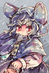 Rule 34 | 1girl, animal ear headwear, bright pupils, capelet, closed mouth, commentary request, fake animal ears, grey capelet, grey hair, highres, holding, holding lantern, hood, hood up, hooded capelet, lantern, long sleeves, mame komari, medium hair, nazrin, one-hour drawing challenge, rain, red eyes, shirt, solo, touhou, white pupils, white shirt