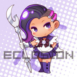 Rule 34 | 1girl, bishoujo senshi sailor moon, boots, bow, brooch, chibi, color connection, cosplay, dark-skinned female, dark skin, earrings, eclosion, elbow gloves, eyeshadow, full body, gloves, halftone, halftone background, holding, holding polearm, holding spear, holding weapon, jewelry, knee boots, long hair, looking at viewer, lowres, makeup, mole, mole under eye, no nose, overwatch, overwatch 1, polearm, purple background, purple bow, purple eyes, purple footwear, purple hair, purple skirt, purple theme, sailor collar, sailor saturn, sailor saturn (cosplay), saturn symbol, silence glaive, skirt, smile, solo, sombra (overwatch), spear, standing, star brooch, weapon, white background, white gloves
