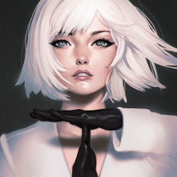 Rule 34 | 1girl, black background, black gloves, blue eyes, clenched teeth, gloves, ilya kuvshinov, lips, long sleeves, looking up, original, parted lips, portrait, ringed eyes, shirt, short hair, solo, swept bangs, teeth, time-out (gesture), white hair, white shirt
