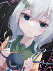 Rule 34 | 1girl, blue eyes, blush, closed mouth, dark background, dutch angle, grey background, hair between eyes, hair ornament, hairclip, half-closed eyes, highres, jitome, komeiji koishi, l neconeco l, long hair, looking at viewer, no headwear, shirt, simple background, solo, third eye, touhou, upper body, wavy mouth