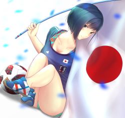 Rule 34 | 10s, 1girl, 2018 fifa world cup, bad id, bad pixiv id, ball, blue hair, blush, breasts, cleavage, darling in the franxx, food, fruit, green eyes, highres, ichigo (darling in the franxx), japan, japanese flag, looking at viewer, medium breasts, short hair, shorts, simple background, sitting, smile, soccer, soccer ball, soccer uniform, solo, sportswear, strawberry, white background, world cup