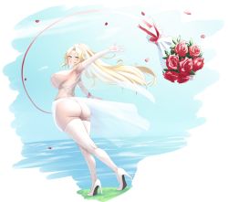 Rule 34 | 1girl, absurdres, armpits, ass, back, barbariana (last origin), blonde hair, blue eyes, blue sky, bouquet, breasts, bridal veil, bride, curvy, dryseaweed, elbow gloves, flower, from behind, gloves, high heels, high ponytail, highres, huge breasts, last origin, long hair, mature female, outdoors, revealing clothes, sky, thighhighs, thighs, veil, water, white footwear, white gloves