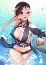Rule 34 | 1girl, :d, absurdres, arrow (tamawo222), black one-piece swimsuit, blush, braid, brown eyes, brown hair, collarbone, commentary request, detached sleeves, fate/grand order, fate (series), glasses, hair ornament, hair scrunchie, heroic spirit festival outfit, highres, holding hands, long braid, long hair, looking at viewer, o-ring, one-piece swimsuit, open mouth, partially submerged, petals, pov, pov hands, red scrunchie, rimless eyewear, scrunchie, single braid, smile, solo focus, swimsuit, very long hair, wading, water, yu mei-ren (fate), yu mei-ren (festival outfit) (fate)