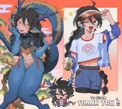 Rule 34 | 1girl, animal ears, antlers, arm up, black eyes, black hair, blue jacket, blue scales, blue shorts, blush, braid, bubble tea, chibi, claws, commission, crop top, cropped shirt, dragon ears, dragon girl, dragon horns, dragon tail, earrings, english text, g tsurius, heart, highres, holding, horns, jacket, jewelry, long hair, one eye closed, open mouth, original, shirt, short sleeves, shorts, skeb commission, smile, star (symbol), tail, thick thighs, thighs, tongue, tongue out, tree, very long hair, white shirt, yellow eyes