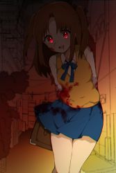 Rule 34 | 1girl, blood, blood on face, blood on clothes, blue skirt, brown hair, highres, red eyes, skirt, sweater vest, takae (poupee en biscuit), tsukihime, twintails, two side up, type-moon, yumizuka satsuki