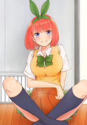 Rule 34 | 1girl, arms behind back, ball, basketball, basketball (object), blue eyes, blush, bow, bowtie, breasts, cardigan vest, closed mouth, collared shirt, crossed ankles, go-toubun no hanayome, green bow, green bowtie, green skirt, gym, hair bow, highres, holding, holding ball, indian style, kneehighs, large breasts, looking at viewer, nakano yotsuba, on floor, orange hair, shirt, short hair, short sleeves, sitting, skirt, smile, socks, solo, sweater vest, thighs, white shirt, yellow sweater vest, yukiunag1
