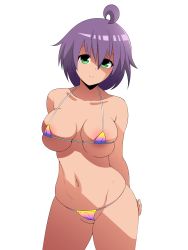 Rule 34 | 1girl, ahoge, areola slip, arms behind back, artist name, bare shoulders, bikini, breasts, bursting breasts, cameltoe, closed mouth, collarbone, cowboy shot, dress, feet out of frame, felipe godoy, female focus, green eyes, highres, large breasts, legs, looking at viewer, micro bikini, navel, original, partially visible vulva, purple hair, shaded face, short hair, simple background, smile, solo, standing, swimsuit, thick thighs, thighs, undersized clothes, white background, yukino akaihi