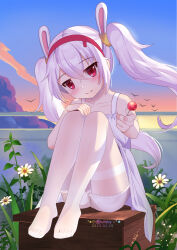 Rule 34 | 1girl, animal ears, artist name, azur lane, box, candy, chinese commentary, closed mouth, collarbone, commentary request, crossed bangs, dated, dress, evening, fake animal ears, feet, food, giving, giving food, hair between eyes, head tilt, highres, holding, holding candy, holding food, holding lollipop, jitome, knees up, laffey (azur lane), legs, legs together, light purple hair, lollipop, long hair, looking at viewer, no shoes, on box, outdoors, pantyhose, rabbit ears, red eyes, sidelocks, sitting, sitting on box, sky, smile, solo, sundress, sunset, thighband pantyhose, thighs, toes, twintails, underwear, white dress, white pantyhose, wooden box, xiao shi lullaby