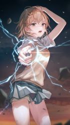Rule 34 | 1girl, absurdres, aiming, aiming at viewer, arm up, blouse, blush, breasts, brown eyes, brown hair, coin, commentary request, cowboy shot, electricity, hair ornament, highres, looking at viewer, misaka mikoto, school uniform, shirt, short hair, shorts, skirt, solo, toaru majutsu no index, tokkyu, vest, white shirt
