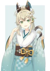 Rule 34 | 104 (luins104), 1girl, blonde hair, blue kimono, fur-trimmed kimono, fur trim, genshin impact, green eyes, highres, japanese clothes, kimono, kirara (genshin impact), kirara (post office) (genshin impact), long hair, looking at viewer, multiple tails, obi, open mouth, sash, slit pupils, smile, solo, tail, two tails, upper body, wide sleeves