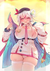 Rule 34 | 1girl, absurdres, belt, beret, breasts, coat, commentary request, covered erect nipples, crossed bangs, curvy, dress, hair ornament, hair rings, hat, heart, highres, indie virtual youtuber, large breasts, long sleeves, looking at viewer, mingyin meion (vtuber), multicolored hair, necktie, open mouth, panties, pink hair, pink necktie, redesign, see-through, see-through dress, see-through panties, senyee, sidelocks, smile, solo, standing, streaked hair, thighhighs, two-tone hair, underwear, white coat, white dress, white hair, white panties, white thighhighs
