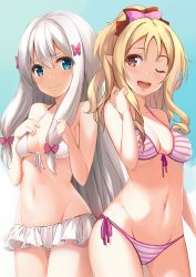 Rule 34 | 10s, 2girls, 3:, :d, arm at side, bare arms, bare shoulders, bikini, bikini skirt, blue eyes, blue sky, blush, bow, breasts, breasts apart, brown eyes, cleavage, closed mouth, collarbone, commentary request, cowboy shot, day, drill hair, eromanga sensei, front-tie bikini top, front-tie top, groin, hair between eyes, hair bow, hair ornament, hand on own chest, hand up, hands up, izumi sagiri, legs apart, legs together, medium breasts, midriff, multiple girls, navel, open mouth, outdoors, pink bow, pink hair, pointy ears, ponytail, red bow, rods, round teeth, side-tie bikini bottom, sidelocks, silver hair, sky, small breasts, smile, standing, stomach, striped bikini, striped clothes, swimsuit, teeth, twin drills, upper teeth only, white bikini, yamada elf