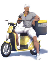 Rule 34 | 1boy, archer (fate), bara, bulge, chachi (soulga), covered erect nipples, dark-skinned male, dark skin, erection, erection under clothes, fate/grand order, fate/stay night, fate (series), grey shirt, holding, holding phone, large pectorals, male focus, motor vehicle, motorcycle, muscular, muscular male, pectorals, phone, shirt, short hair, shorts, simple background, solo, white background, white hair, white shorts
