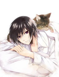 Rule 34 | 1boy, bad id, bad pixiv id, black hair, cat, cat on person, code geass, dress shirt, lelouch vi britannia, light smile, looking at viewer, male focus, own hands together, pillow, purple eyes, sasahara rena, shirt, short hair, sleeping, solo