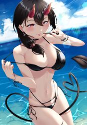 Rule 34 | 1girl, :p, beach, bikini, black bikini, black hair, black nails, blue sky, breasts, come hither, day, demon girl, demon tail, earrings, hair ornament, heart, highres, horns, jewelry, large breasts, long hair, looking at viewer, morros, nail polish, navel, ocean, original, popsicle stick, red eyes, sky, smile, solo, swimsuit, tail, tongue, tongue out, water