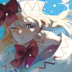 Rule 34 | 1girl, blonde hair, blue eyes, capelet, close-up, day, dress, floating hair, hat, highres, lily white, long sleeves, mushiao, one eye closed, solo, tears, touhou, white capelet, white dress, white hat, wide sleeves