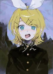 Rule 34 | 1girl, alternate costume, blonde hair, blue eyes, bow, building, buttons, chain-link fence, character name, commentary, distortion, fence, flipped hair, gakuran, hair bow, hair ornament, hairclip, high collar, highres, kagamine rin, looking at viewer, making faces, medium hair, octopachi, open mouth, outdoors, overcast, power lines, raised eyebrows, sanpaku, school uniform, sky, solo, straight-on, swept bangs, tongue, tongue out, transmission tower, tree, upper body, vocaloid, white bow