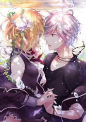 Rule 34 | 1boy, 1girl, black shirt, blonde hair, bow, bowtie, bracelet, breasts, bubble, closed eyes, collarbone, day, face-to-face, flower, frilled skirt, frills, hair flower, hair ornament, hetero, highres, holding hands, interlocked fingers, jewelry, medium breasts, miniskirt, necklace, parted lips, pleated skirt, pointy ears, red bow, red bowtie, red eyes, shirt, short hair, silver hair, skirt, tears, underwater, white flower, yamika
