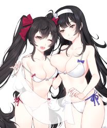 Rule 34 | 2girls, ;d, asymmetrical docking, bare arms, bare shoulders, bikini, black hair, blue ribbon, blunt bangs, breast press, breasts, brown eyes, collarbone, cowboy shot, girls&#039; frontline, hair ribbon, hairband, half-closed eyes, hand on another&#039;s shoulder, highres, holding, ia (ias1010), large breasts, long hair, looking at viewer, medium breasts, multiple girls, navel, official alternate costume, one eye closed, open mouth, pink ribbon, ribbon, side-tie bikini bottom, sidelocks, signature, simple background, smile, standing, stomach, straight hair, swimsuit, teasing, thighs, transparent, twintails, type 95 (girls&#039; frontline), type 95 (summer cicada) (girls&#039; frontline), type 97 (girls&#039; frontline), untied bikini, very long hair, white background, white bikini, white hairband