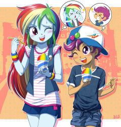 Rule 34 | 2girls, blue skin, colored skin, food, hat, ice cream, multicolored hair, multiple girls, my little pony, my little pony: equestria girls, my little pony: friendship is magic, one eye closed, orange skin, personification, rainbow dash, scootaloo, shirt, striped clothes, striped shirt, tagme, uotapo, wink