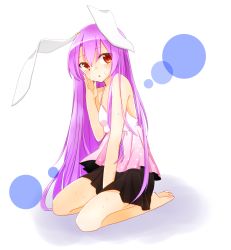 Rule 34 | 1girl, animal ears, arm up, bare legs, bare shoulders, barefoot, black skirt, blush, circle, collarbone, dress, full body, hand on own cheek, hand on own face, highres, long hair, purple hair, rabbit ears, red eyes, reisen udongein inaba, simple background, sitting, skirt, solo, sparkle, sweat, sweatdrop, touhou, very long hair, yukina (masyumaro610)