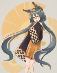 Rule 34 | 1girl, amulet, animal ears, azur lane, black hair, braid, commentary request, covering own mouth, full body, glasses, hair ornament, hatakaze (azur lane), higashigure, highres, japanese clothes, leaf, long hair, omamori, pleated skirt, sandals, skirt, solo, strap, twintails, wide sleeves, yellow eyes, yellow skirt