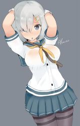 Rule 34 | 10s, 1girl, :o, arms behind head, arms up, between breasts, blue eyes, breasts, curvy, hair ornament, hamakaze (kancolle), heart, heart-shaped pupils, kantai collection, kuavera, large breasts, looking at viewer, miniskirt, open mouth, pantyhose, school uniform, serafuku, shirt, short hair, silver hair, skindentation, skirt, solo, symbol-shaped pupils, taut clothes, taut shirt, wide hips