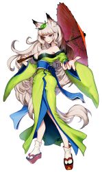 Rule 34 | 1girl, animal ears, bare shoulders, blue eyes, breasts, female focus, fox ears, full body, highres, japanese clothes, kimono, large breasts, leaf, leaf on head, long hair, looking at viewer, oboro muramasa, off shoulder, oil-paper umbrella, outstretched arm, silver hair, smile, solo, standing, tabi, transparent background, umbrella, very long hair, yuri (anachronic), yuzuruha