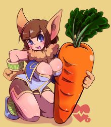 Rule 34 | 1girl, absurdres, animal ears, animal hands, blue eyes, breasts, brown hair, chrono cross, cinnamon6, cleavage, cleavage cutout, clothing cutout, full body, fur, gloves, highres, janice (chrono cross), looking at viewer, monster girl, open mouth, rabbit ears, short hair, simple background, smile, solo, tail, white background