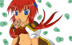 Rule 34 | 00s, 1girl, anise azeat, blue eyes, broccoli (company), galaxy angel, galaxy angel rune, hair ornament, hairclip, looking at viewer, midriff, mouth hold, oekaki, red hair, simple background, solo, twintails, white background