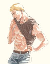 Rule 34 | 1boy, abs, alternate costume, bare arms, bare pectorals, bare shoulders, belt, black shirt, blonde hair, casual, clothes lift, denim, feet out of frame, from side, highres, jeans, male focus, muscular, muscular male, navel, nene (10575936), nipples, pants, pectorals, reiner braun, shingeki no kyojin, shirt, shirt lift, short hair, solo, sweat, tied sleeves, white background, wiping sweat
